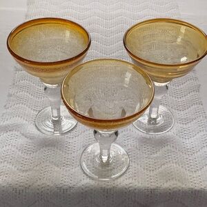 Set of 3 Amber Hand Blown Margarita Glasses